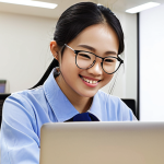 **

Prompt:  A young Vietnamese woman wearing blue light blocking glasses, smiling, using a laptop with a "Night Shift" mode turned on.  The background shows a modern office with a "20-20-20" reminder sticker on the monitor.  Focus on eye health and technology integration, capturing a bright and optimistic vibe. Include traditional Vietnamese elements subtly in the office decor.

**