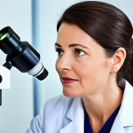 A professional female ophthalmologist, fully clothed in a modest, clean white lab coat, is meticulously examining a patient's eye with a modern slit lamp in a brightly lit, sterile ophthalmology clinic. The patient is a mature adult, fully clothed in appropriate, modest attire, sitting calmly and cooperatively during the examination. The background shows various clean, professional medical instruments and a contemporary clinic setting.
    *   *Quality Modifiers:* Perfect anatomy, correct proportions, natural pose, well-formed hands, proper finger count, natural body proportions, professional photography, high quality, detailed, realistic.
    *   *Safety Modifiers:* Safe for work, appropriate content, fully clothed, professional dress.