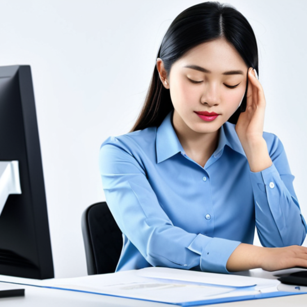 **

"A Vietnamese woman with perfect anatomy, fully clothed in a modest office outfit, sitting at a desk in a brightly lit workspace, gently massaging her temples, safe for work, appropriate content, professional setting, well-formed hands, proper finger count, natural pose, high quality."

**