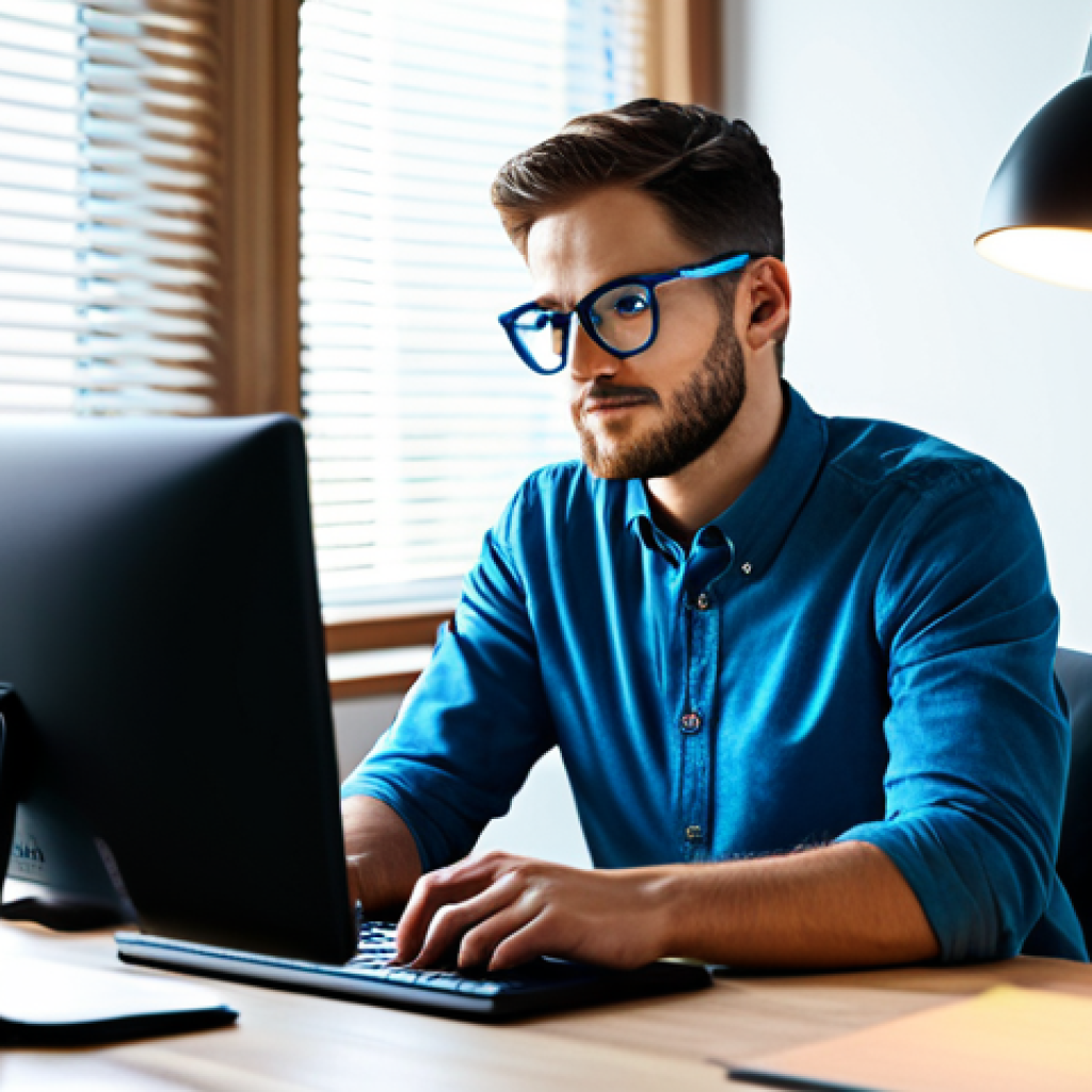 A Person Working Comfortably**

"A person in a brightly lit, modern workspace, fully clothed and wearing stylish, blue-light-blocking glasses, focused on a computer screen. The room has ample natural light and an adjustable task lamp. The scene promotes eye health and well-being. safe for work, appropriate content, professional, perfect anatomy, correct proportions, well-formed hands, modest clothing."

**