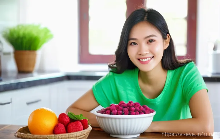 눈 건강에 좋은 음식 - **Prompt 1: Vibrant Green and Berry Boost**
    "A bright, high-resolution photograph of a young Vie...