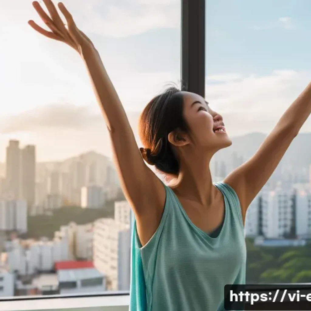 라식 수술 장단점 - A joyful young Vietnamese woman, in her late 20s, stands by a large window in a bright, modern apart...