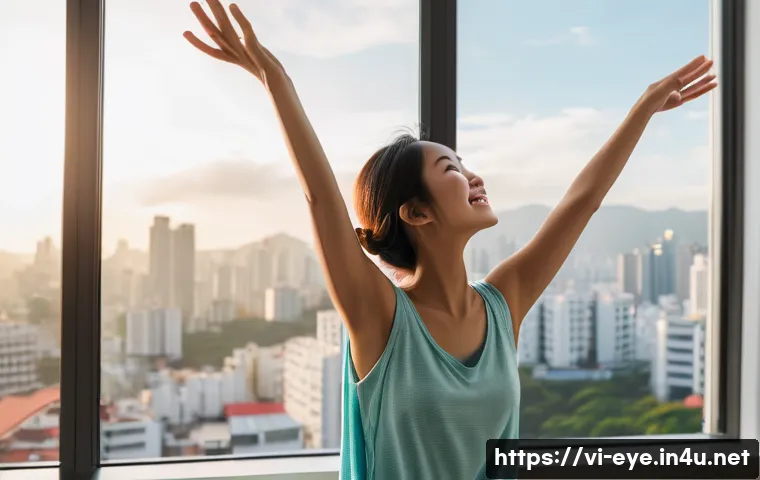 라식 수술 장단점 - A joyful young Vietnamese woman, in her late 20s, stands by a large window in a bright, modern apart...