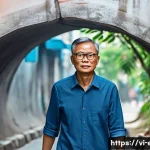 녹내장 초기 치료법 - A detailed medical illustration of a Vietnamese middle-aged man experiencing narrowing peripheral vi...