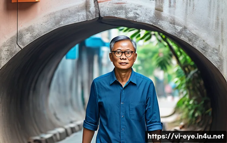 녹내장 초기 치료법 - A detailed medical illustration of a Vietnamese middle-aged man experiencing narrowing peripheral vi...