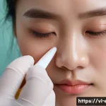 눈 성형 수술 부작용 - A close-up portrait of a young Vietnamese woman gently applying a cold compress to her swollen eyeli...