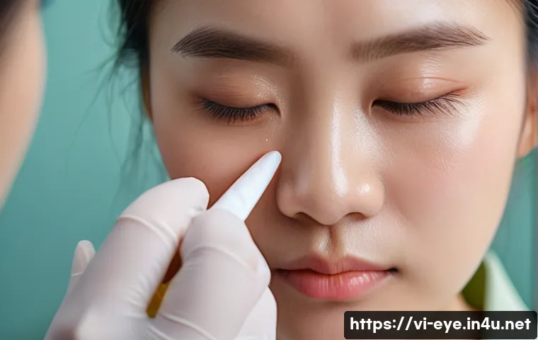 눈 성형 수술 부작용 - A close-up portrait of a young Vietnamese woman gently applying a cold compress to her swollen eyeli...