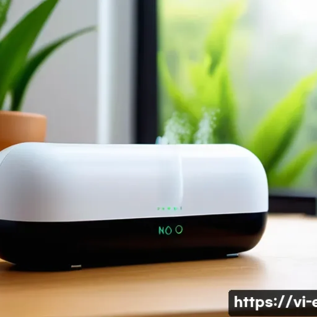 안구건조증 치료 기기 - A sleek, compact eye mist humidifier device emitting fine nano mist particles in a modern Vietnamese...