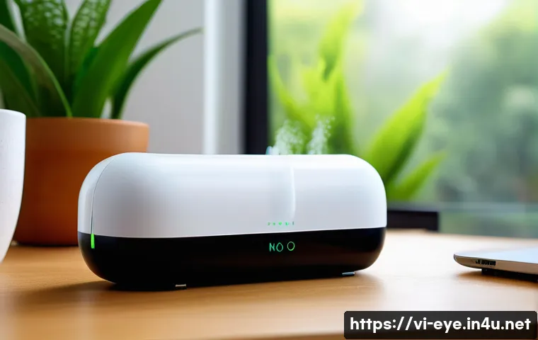 안구건조증 치료 기기 - A sleek, compact eye mist humidifier device emitting fine nano mist particles in a modern Vietnamese...