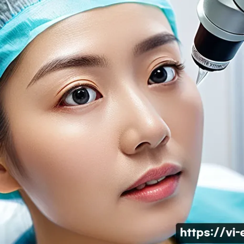 렌즈 삽입술 후기 - A detailed medical illustration of a Vietnamese ophthalmologist performing a phakic intraocular lens...