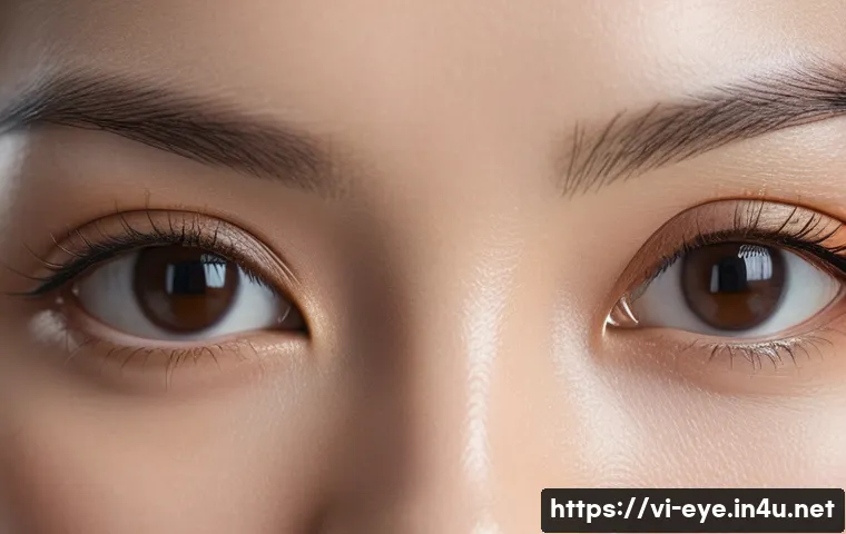 눈 성형 수술 트렌드 - A detailed close-up portrait of a young East Asian woman with natural double eyelids created by cosm...