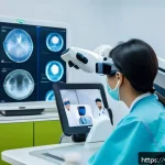Home 21 안과 최신 진료 기술 - A futuristic ophthalmology clinic in Vietnam showcasing advanced laser eye surgery technology, inclu...
