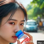 Home 20 눈 충혈 시 응급조치 - A close-up image of a young Vietnamese woman outdoors on a sunny day, gently rinsing her irritated, ...