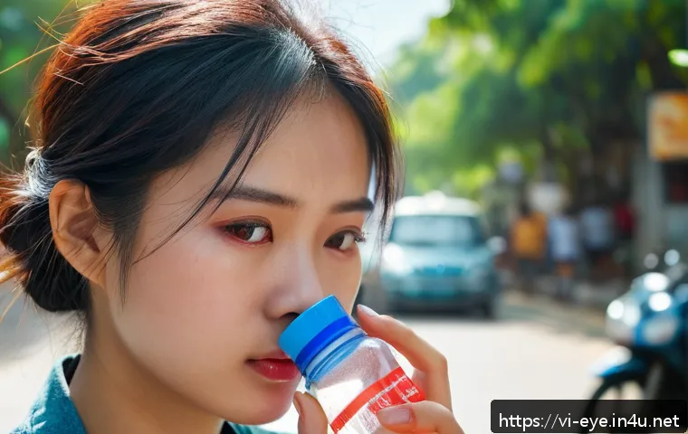 눈 충혈 시 응급조치 - A close-up image of a young Vietnamese woman outdoors on a sunny day, gently rinsing her irritated, ...