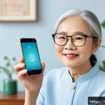 Home 18 눈 시력 테스트 앱 추천 - A modern, friendly Vietnamese eye care app interface displayed on a smartphone held by a middle-aged...