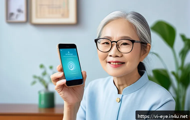 눈 시력 테스트 앱 추천 - A modern, friendly Vietnamese eye care app interface displayed on a smartphone held by a middle-aged...