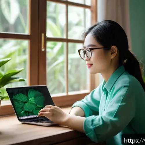 Home 17 눈 관리 홈케어 팁 - A cozy home office scene in Vietnam featuring a young Vietnamese woman wearing blue light blocking g...