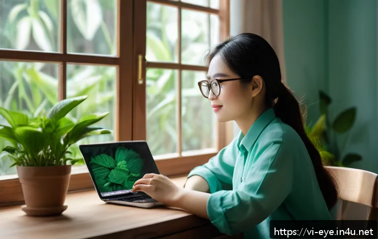 눈 관리 홈케어 팁 - A cozy home office scene in Vietnam featuring a young Vietnamese woman wearing blue light blocking g...