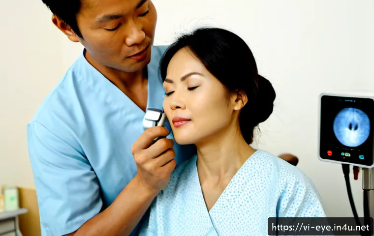 안과 초음파 진단 리뷰 - Photorealistic ophthalmology ultrasound examination in a modern Vietnamese eye clinic, middle-aged V...