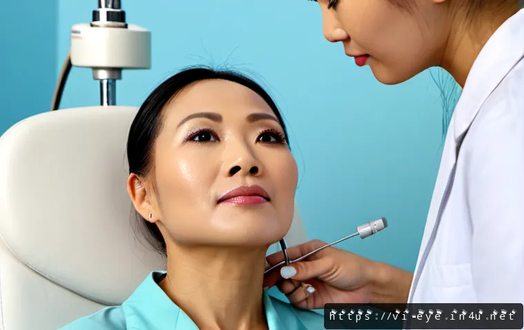 안과 초음파 검사 방법 - Photorealistic ophthalmology clinic in Vietnam, middle-aged Vietnamese patient seated comfortably at...