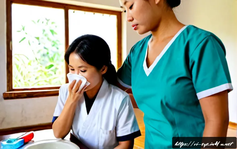 눈 외상 응급처치 - Photorealistic first-aid scene in a bright Vietnamese family home, calm adult gently flushing a mild...