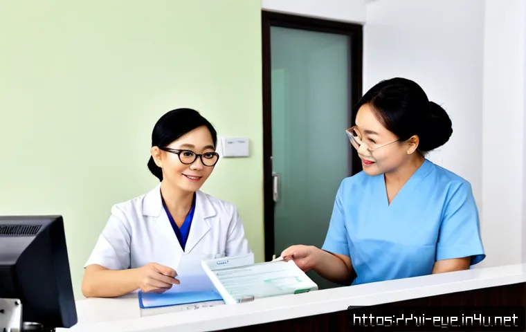 Home 17 안과 진료 실비 청구 - Photorealistic Vietnamese woman in her 50s seated at a clean eye clinic reception desk, holding a me...