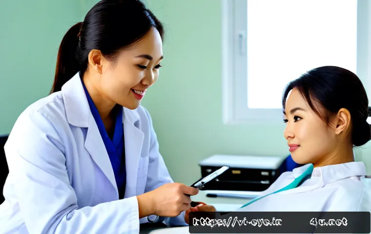안과 시력교정 수술 - Photorealistic Vietnamese eye clinic consultation, friendly Vietnamese ophthalmologist in a white co...