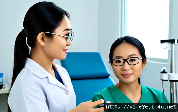 라섹 수술 후기 리뷰 - Photorealistic eye surgery recovery review scene in a modern Vietnamese ophthalmology clinic, Vietna...