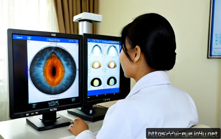근시 레이저 시술 - Photorealistic modern eye clinic in Ho Chi Minh City, Vietnamese adult patient seated calmly at a la...